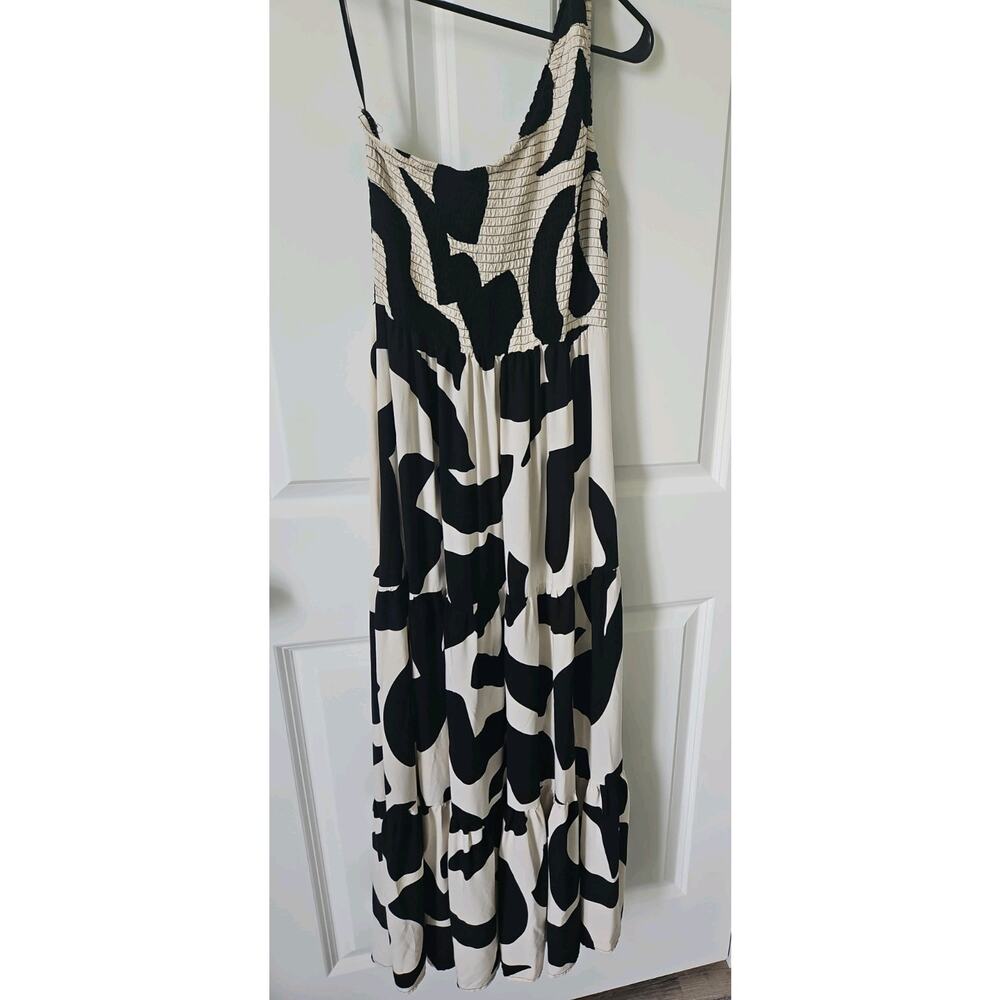 Abel The Label One Shoulder Smocked Maxi‎ Dress Black White Abstract Print XS